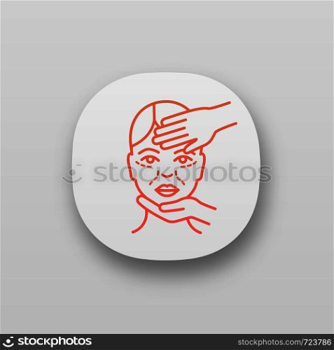 Cosmetologist examination app icon. Cosmetology. Cosmetic procedure. Neurotoxin injection preparation. Aesthetic medicine. UI/UX user interface. Web or mobile application. Vector isolated illustration. Cosmetologist examination app icon