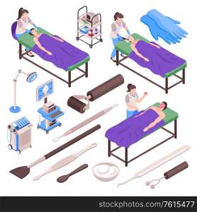 Cosmetologist skin personal care beauty treatment procedure manicure tools accessories isometric set with lamp brushes vector illustration