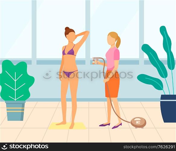 Cosmetologist using aerograph and spraying fake tan on young female wearing purple bikini in beauty salon. Woman tanning, airbrush machine vector. Flat cartoon. Applying Fake Tan with Airbrush Vector in Salon