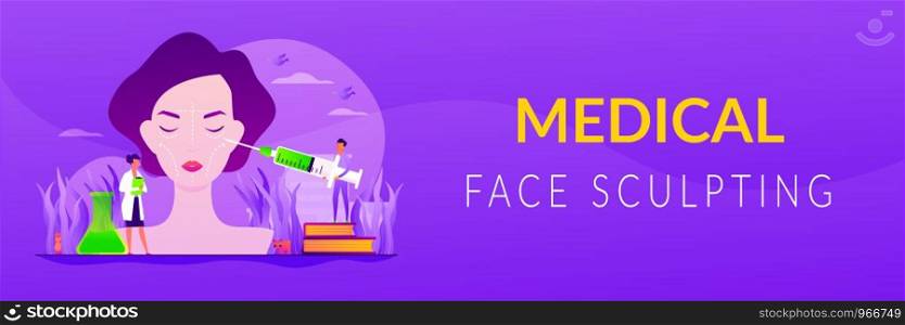 Cosmetologists making face needle injection. Woman getting wrinkles filling. Facial contouring, medical face sculpting, facial correction surgery concept. Header or footer banner template with copy space.. Facial contouring web banner concept