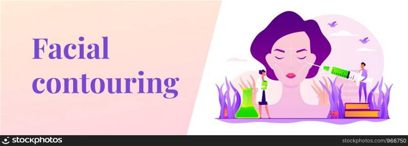 Cosmetologists making face needle injection. Woman getting wrinkles filling. Facial contouring, medical face sculpting, facial correction surgery concept. Header or footer banner template with copy space.. Facial contouring web banner concept