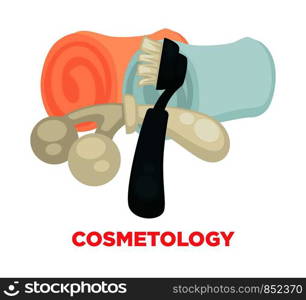 Cosmetology advertisement banner with special beauty tools and warm cashmere towels in rolls. Brush on plastic hands and plastic appliance cartoon flat vector illustration on white background.. Cosmetology advertisement banner with beauty tools and towels