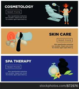 Cosmetology and spa therapy for skincare promo Internet banners. Woman cosmetologist near chair for procedures and equipment for massage cartoon vector illustrations on online web posters set.. Cosmetology and spa therapy for skincare promo banners