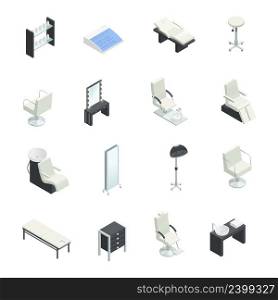 Cosmetology beauty salon equipment sixteen isolated isometric icons set with studio furniture hydraulic chairs and mirrors vector illustration. Beauty Salon Elements Set