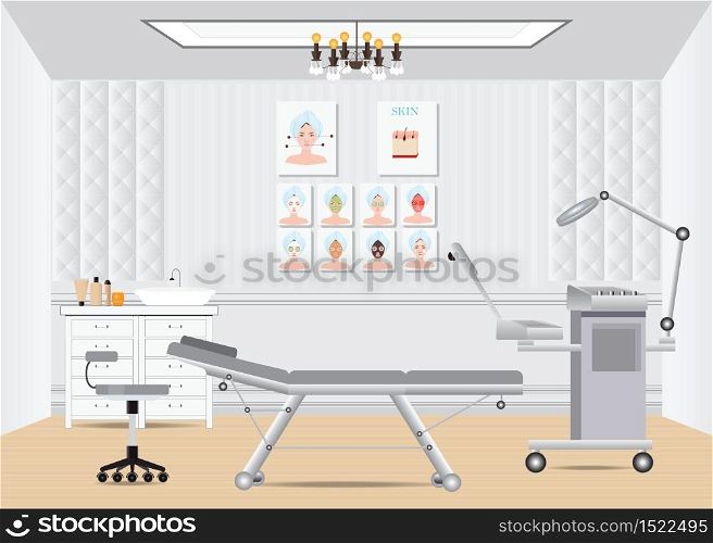 Cosmetology beauty salon isometric interior with furniture, facial beds and ozone facial steamer ,vector illustration.