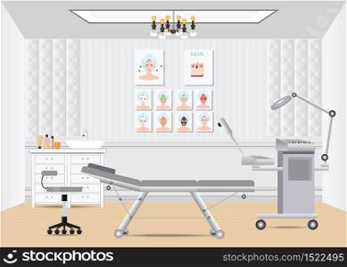 Cosmetology beauty salon isometric interior with furniture, facial beds and ozone facial steamer ,vector illustration.