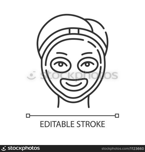 Cosmetology linear icon. Spa treatment. Medical procedure. Face mask for rejuvenation. Skincare and healthcare. Thin line illustration. Contour symbol. Vector isolated outline drawing. Editable stroke