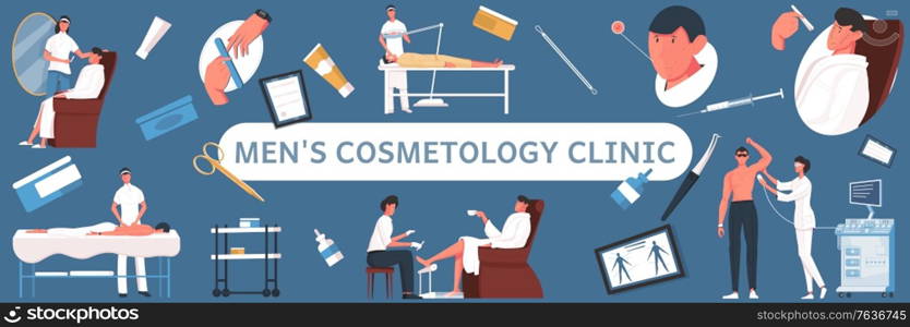 Cosmetology man pattern flat horizontal composition with text surrounded by medical equipment and cosmetic product icons vector illustration