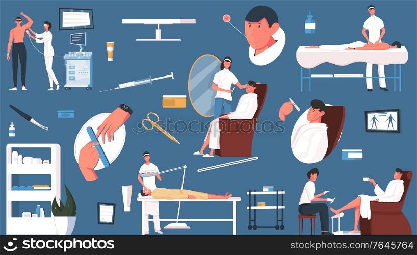Cosmetology man set with flat icons of scrubs syringe cosmetic scissors and images of medical appliances vector illustration