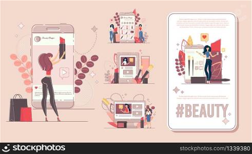 Cosmetology Online Courses, Beauty Consultant, Fashion Blogger, Makeup Consultant Vertical Banner, Poster for Mobile Devices Constructor. Woman Blogger Streaming Video Trendy Flat Vector Illustration