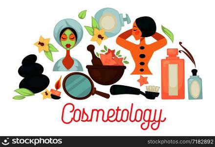 Cosmetology promotional poster with female clients that enjoy procedures. Massage with hot stones, natural oils, soft lotions and aromatic lotuses cartoon vector illustrations on white background.. Cosmetology promotional poster with female clients that enjoy procedures
