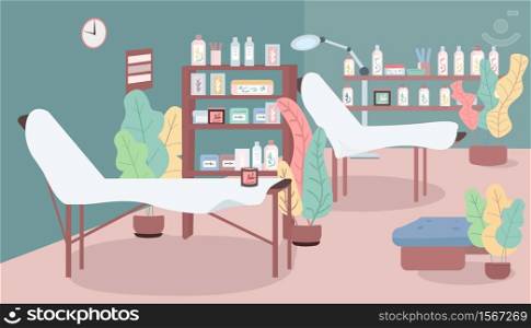 Cosmetology salon flat color vector illustration. Spa and massage. Hair removal and sugaring services. Skincare procedures equipment 2D cartoon interior with furniture on background. Cosmetology salon flat color vector illustration