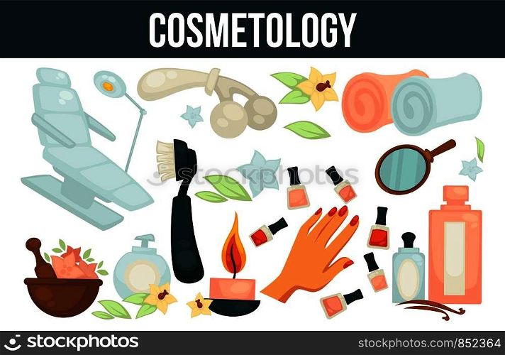 Cosmetology services for beauty and health promotional poster. Dermatologist chair, aromatic natural lotions, massaging tools, warm towels and bottles of nail polish cartoon flat vector illustrations.. Cosmetology services for beouty and health promotional poster
