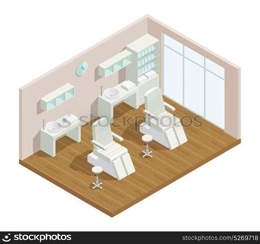 Cosmetology Studio Isometric Interior. Cosmetology beauty salon isometric interior composition with window closet furniture shelves and two hydraulic facial beds vector illustration