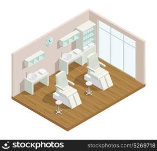 Cosmetology Studio Isometric Interior. Cosmetology beauty salon isometric interior composition with window closet furniture shelves and two hydraulic facial beds vector illustration