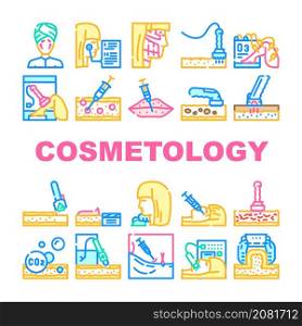 Cosmetology Treatment Procedure Icons Set Vector Complex Face Cleansing And Mesotherapy Rejuvenation Zones, Cosmetology Microdermabrasion Therapy And Lifting Facial Skin. Line. Color Illustrations. Cosmetology Treatment Procedure Icons Set Vector