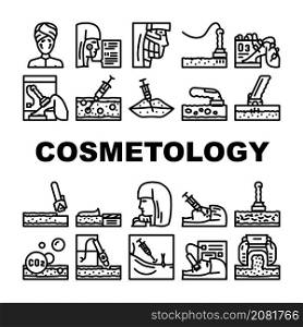 Cosmetology Treatment Procedure Icons Set Vector Complex Face Cleansing And Mesotherapy Rejuvenation Zones, Cosmetology Microdermabrasion Therapy And Lifting Facial Skin. Black Contour Illustrations. Cosmetology Treatment Procedure Icons Set Vector