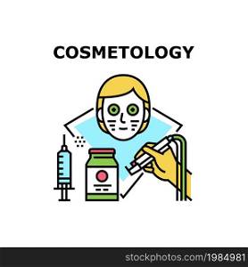 Cosmetology Vector Icon Concept. Laser Depilation, Botex Syringe And Facial Mask Cosmetology Spa Salon Treatment. Medical Or Beauty Service Therapy And Technology Color Illustration. Cosmetology Vector Concept Color Illustration