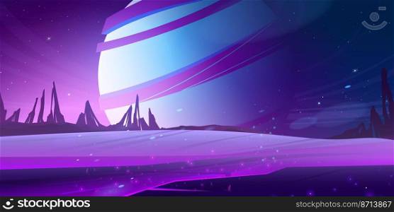 Cosmic background, alien planet deserted landscape with purple mountains, rocks, stars shine in deep space and huge sphere in sky. Extraterrestrial game scene, wallpaper, Cartoon vector illustration. Cosmic background, alien planet deserted landscape