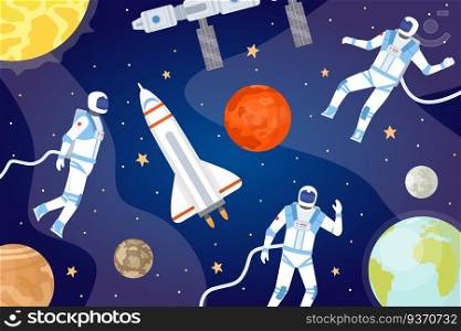 Cosmic background with astronauts. Outer space with spaceship, planets, stars and spaceman exploring cosmos. Cartoon universe vector banner. Spaceman in universe, planet and astronaut illustration. Cosmic background with astronauts. Outer space with spaceship, planets, stars and spaceman exploring cosmos. Cartoon universe vector banner
