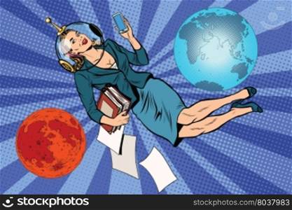 Cosmic business woman astronaut pop art retro vector. The future universe earth Mars planet. Cosmic business woman astronaut