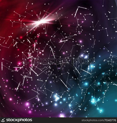 Cosmic Constellations Background Vector. Abstract Magic Space Cosmic Constellation With Stars On A Blurred Background With Lights.. Cosmic Constellations Background Vector. Abstract Magic Space