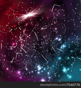 Cosmic Constellations Background Vector. Abstract Magic Space Cosmic Constellation With Stars On A Blurred Background With Lights.. Cosmic Constellations Background Vector. Abstract Magic Space