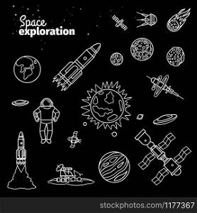 Cosmic doodle elements. Space exploration white line doodle vector illustration isolated on black. Cosmic doodle elements. Space exploration white line doodle vector illustration isolated