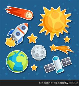 Cosmic icon set of solar system, planets and celestial bodies.