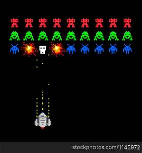 Cosmic invaders game. Pixel space invader set retro style video game vector illustration with bullet and spaceship. Pixel space invader game
