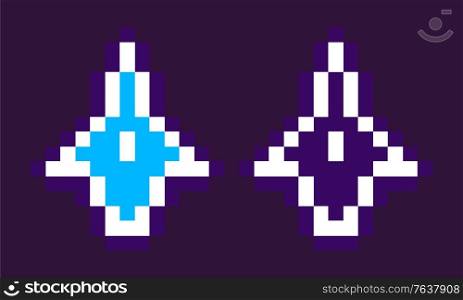 Cosmic rocket, squared neon spaceship, space pixel game, set of invaders on purple, galaxy equipment, collection of pixelated ships, alien vector. Pixelated Spaceship, Neon Rocket, Game Vector