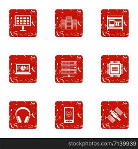 Cosmic tech icons set. Grunge set of 9 cosmic tech vector icons for web isolated on white background. Cosmic tech icons set, grunge style