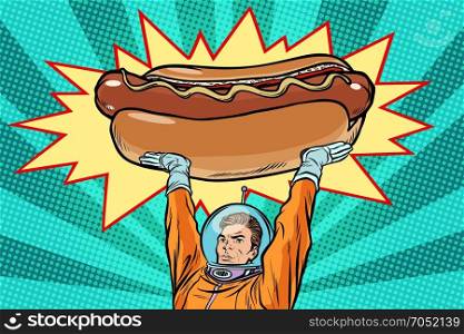 Cosmonaut and hot dog fast food. Pop art retro vector illustration. Cosmonaut and hot dog fast food