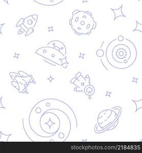 Cosmonaut and spacecraft abstract seamless pattern. Vector shapes on white background. Trendy texture with cartoon color icons. Design with graphic elements for interior, fabric, website decoration. Cosmonaut and spacecraft abstract seamless pattern