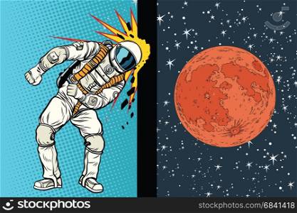 Cosmonaut knocks head on the wall. A dream to be on Mars. Pop art retro vector illustration. Cosmonaut knocks head on the wall. A dream to be on Mars
