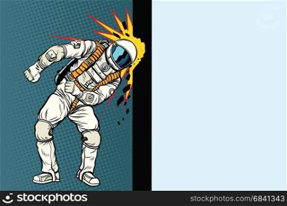 Cosmonaut knocks head on the wall. Dream of mankind. Pop art retro vector illustration. Cosmonaut knocks head on the wall. Dream of mankind