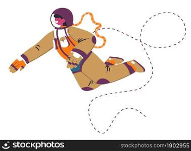 Cosmonaut wearing special protective costume floating in outer space. Isolated astronaut tied with rope, levitation and gravity. Astronomy and exploration and journey to cosmos. Vector in flat style. Astronaut floating in space, cosmonaut in costume