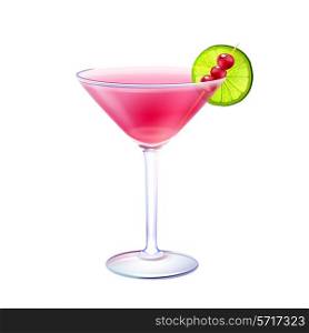 Cosmopolitan realistic cocktail in glass with lime slice and cranberry stick isolated on white background vector illustration