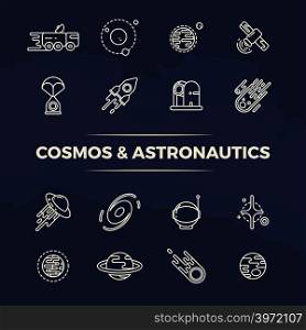 Cosmos and astronautics line icons - planets, space, rockets line concept. Science icons of set illustration. Cosmos and astronautics line icons - planets, space, rockets line concept