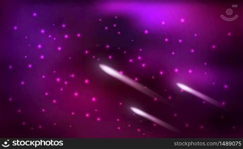 Cosmos background, night sky with flying comets and shining stars. Galaxy, nebula, space. Useful for wallpapers design, game or cartoon asset. Vector illustration