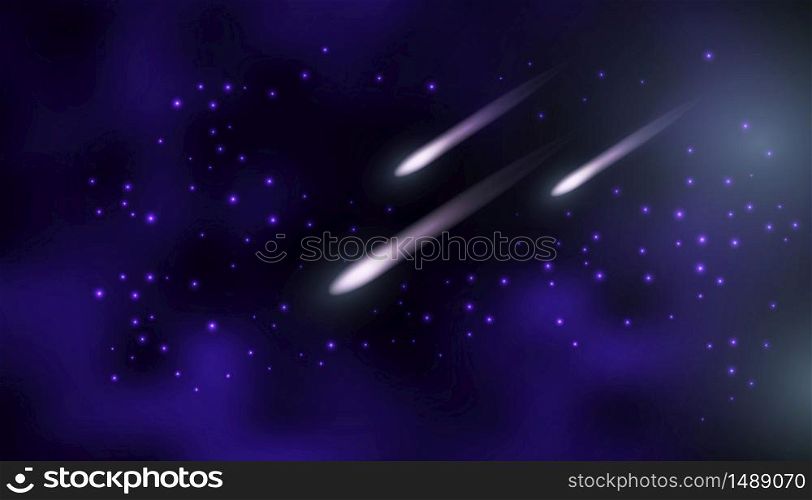 Cosmos background. Night sky with flying comets. Galaxy, space, nebula, shining stars. Dark blue design for wallpapers. Vector illustration