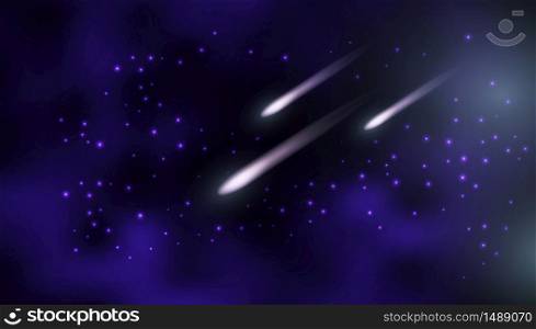 Cosmos background. Night sky with flying comets. Galaxy, space, nebula, shining stars. Dark blue design for wallpapers. Vector illustration