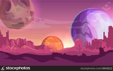 Cosmos background. Universe, view from another planets. Cartoon space, magic world vector illustration. Universe view to planet landscape, globe ground scene gui. Cosmos background. Universe, view from another planets. Cartoon space, magic world vector illustration