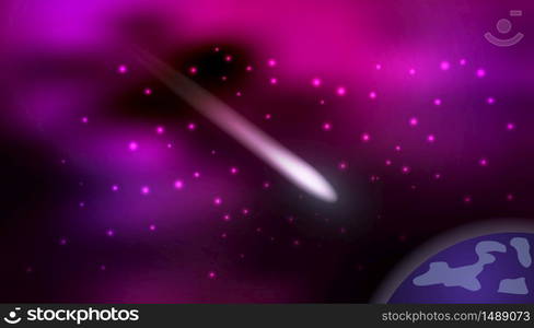 Cosmos background with flying comet. Mysterious galaxy with stars, dark purple design. Sci-fi theme for wallpapers or game asset. Vector illustration