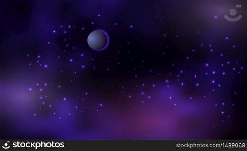 Cosmos background with galaxy, space, nebula, shining stars and planet. Dark blue and purple decorative abstract design for wallpapers. Vector illustration