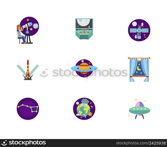 Cosmos Icon Set. Astronomy Scientist Spacecraft Control Space Station Shuttle Launch Planet Saturn Night Behind Window Constellation Earth In Space Alien Spaceship
