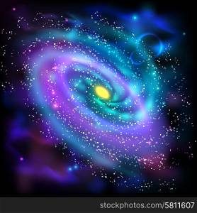 Cosmos space luminous spiral galaxy astronomical scientific poster with rotating disk of stars dust abstract vector illustration. Spiral galaxy black background icon