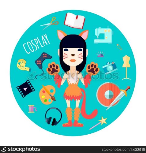 Cosplay Character Accessories Flat Round Illustration. Hipster character girl in self made cat costume and fashion accessories flat round mint background abstract vector illustratio