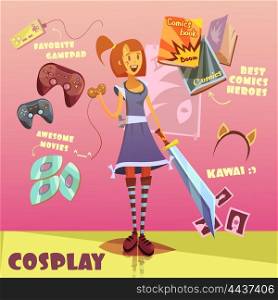 Cosplay Character Illustration . Cosplay character cartoon set with comics books and movies symbols vector illustration