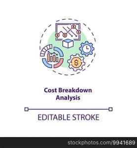 Cost breakdown analysis concept icon. Cost reduction strategy idea thin line illustration. Production optimization mechanism. Vector isolated outline RGB color drawing. Editable stroke. Cost background analysis concept icon